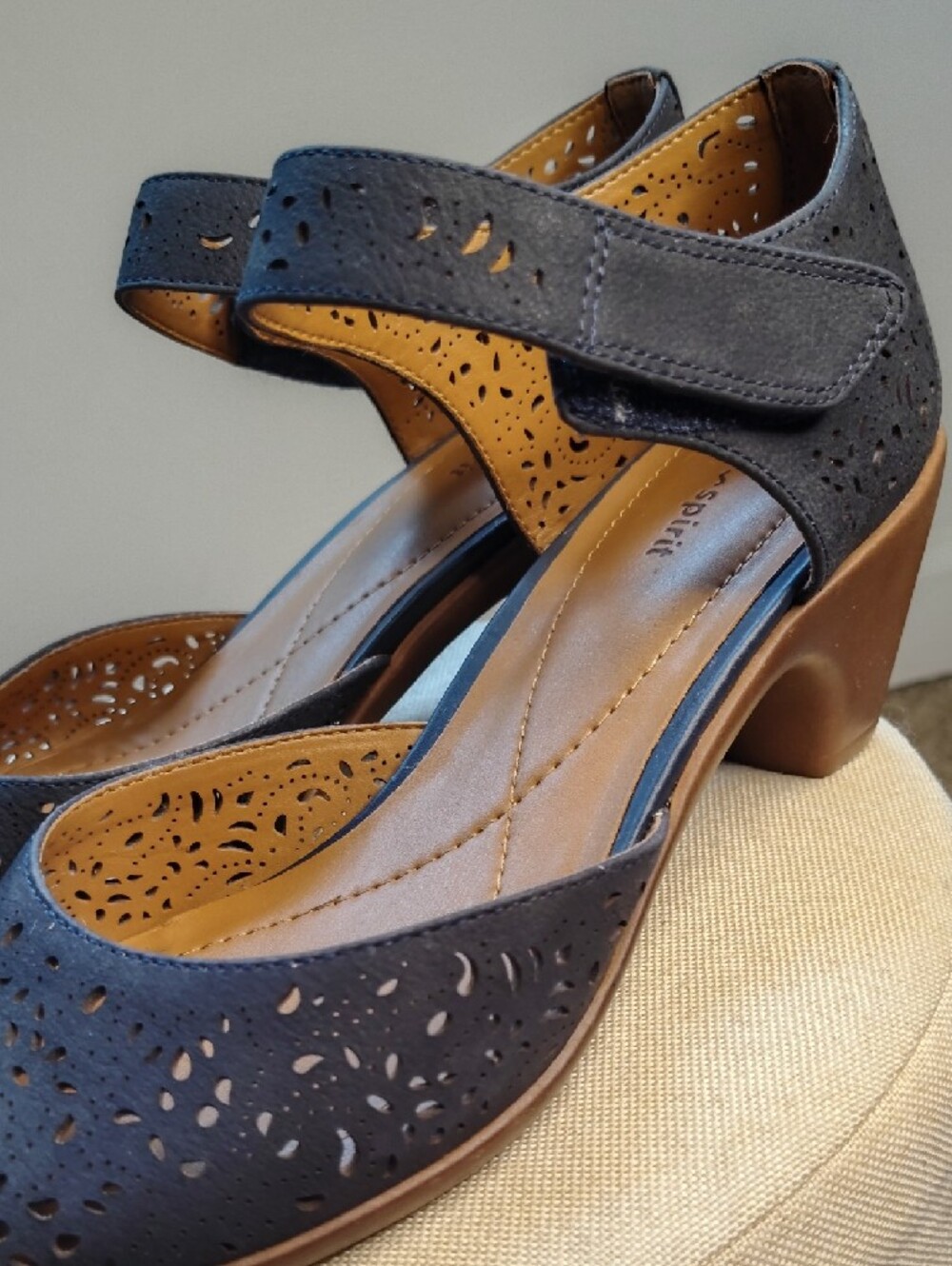Easy Spirit Navy Perforated Ankle-Strap Heels - Picture 2 of 9